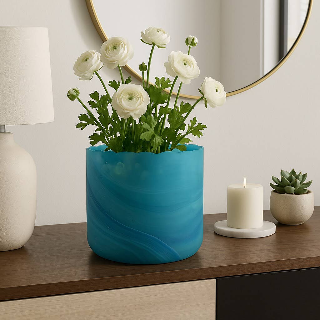 Decorative Vase - Blue Glass Swirl Coastal Pattern, 11 in.