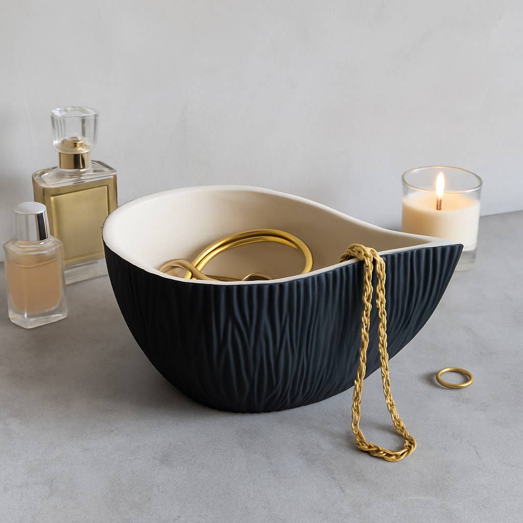 Bowl - Black/White Porcelain Teardrop Textured, 11 in.