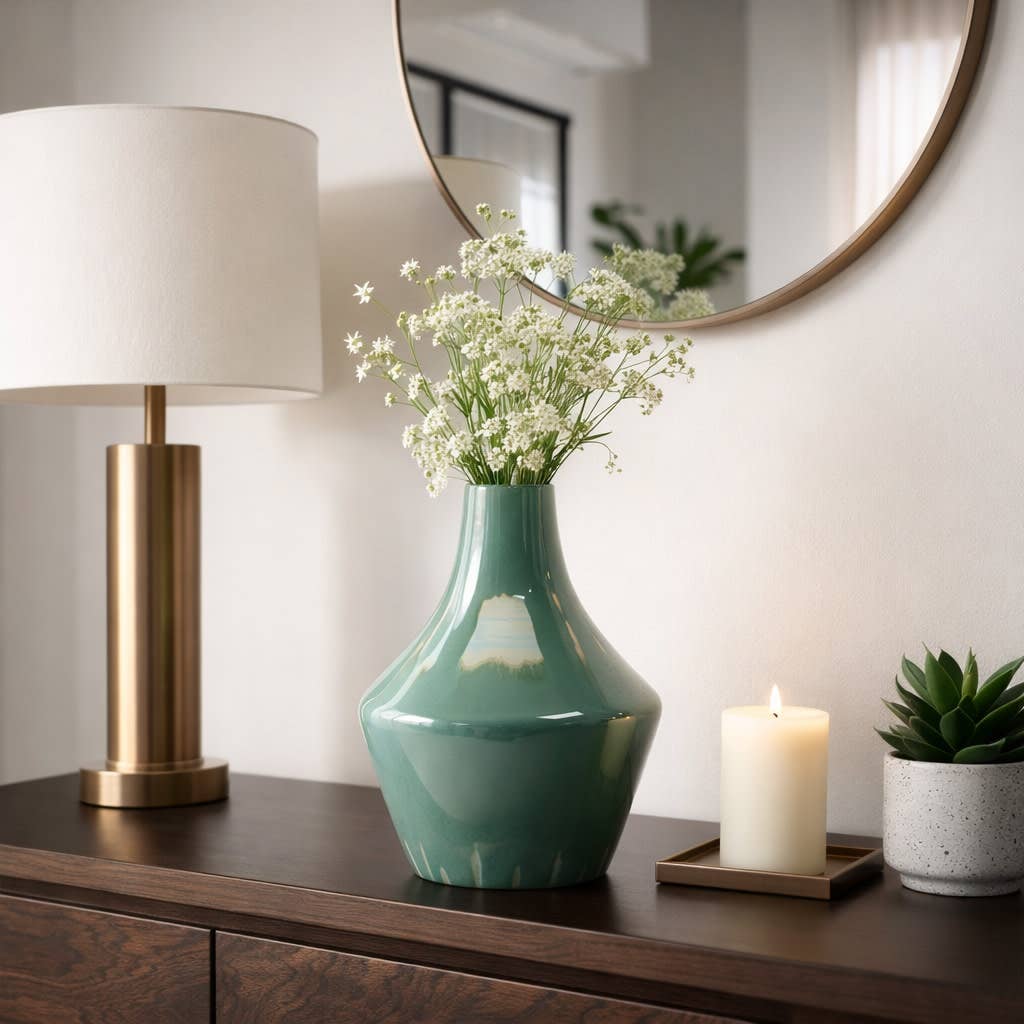 Decorative Vase - Green Ceramic Sculptural Curved, 12 in.