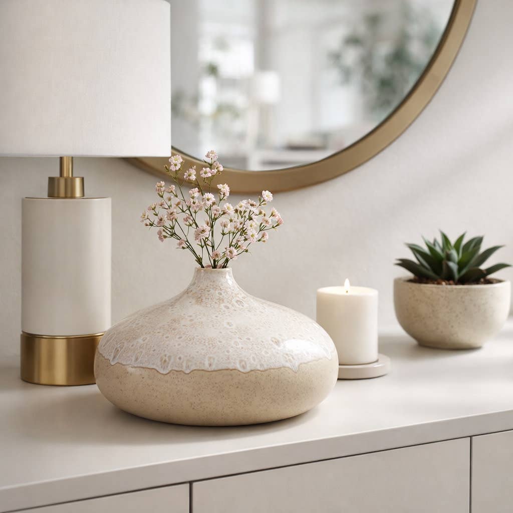 Decorative Vase - Cream Ceramic Round Glossy Textured, 8.5in