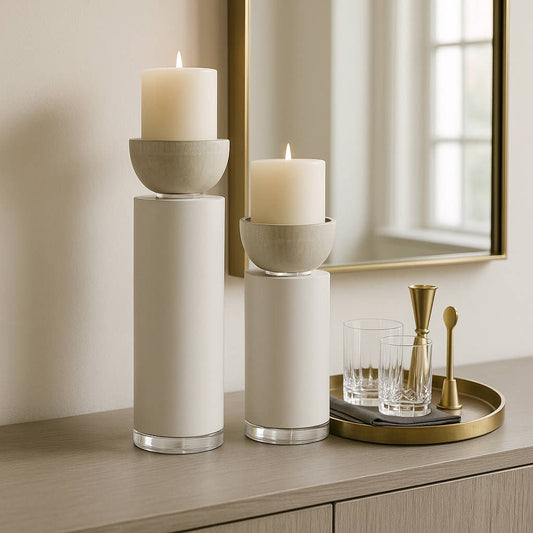 Candle Holders Set of 2 - White Resin Cylinder, 11/13 in.