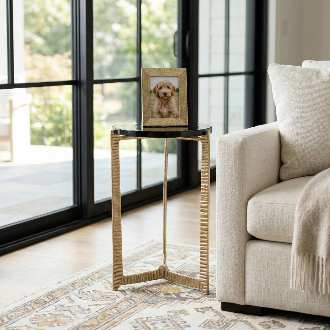Side Table - Clear Glass Top On Textured Metal Base, 22 in.