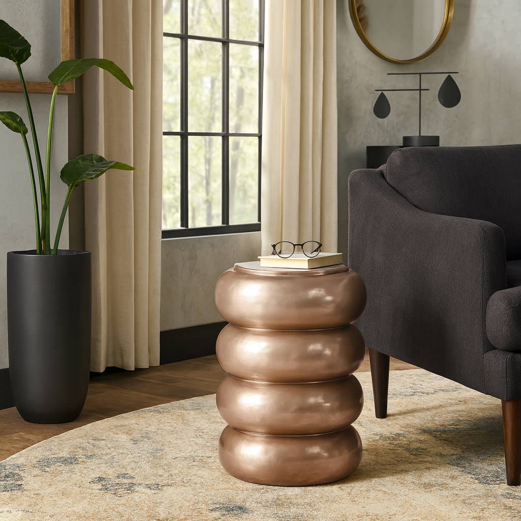Side Table - Gold Metal Narrow Bold Rounded Drum, 20 in.