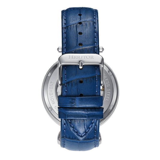Heritor Lincoln Men's Automatic Semi-Skeleton Leather Watch, Silver/Blue