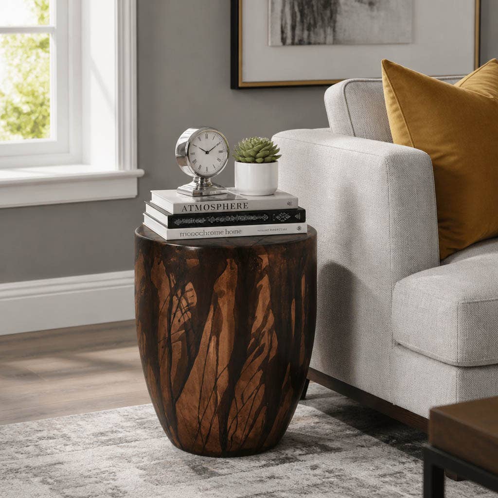Side Table - Brown Metal Handcrafted Drum Design, 19 in.