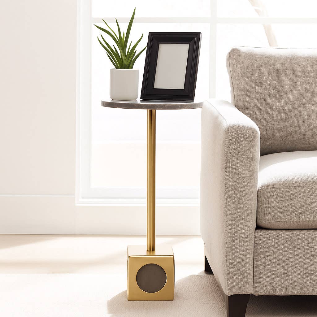 Side Table - Gray Marble Top Gold Metal Cube Base, 24 in.