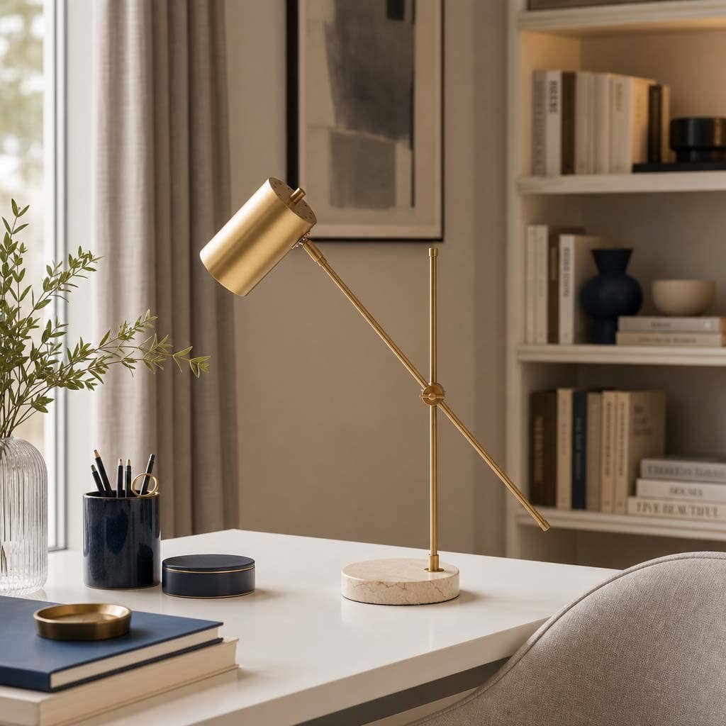 Table Lamp - Gold Stone Base with Adjustable Shade, 20 in.