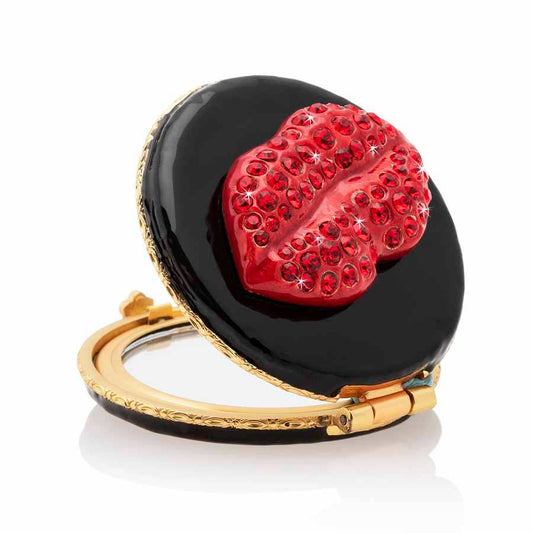 Jay Strongwater Monroe Lip Black & Red Compact Mirror, Pavé Love Swarovski Crystal Enamel Gold-Finished