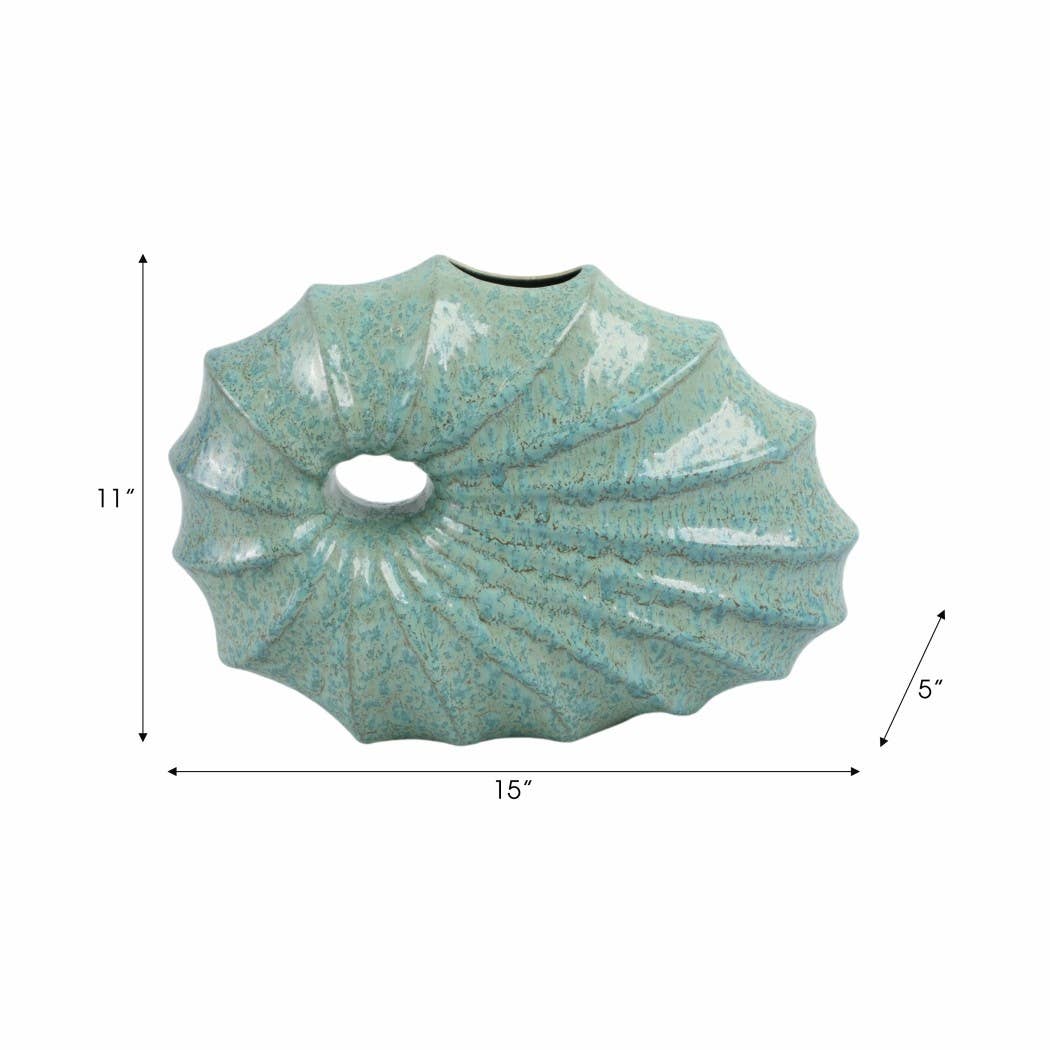 Decorative Vase - Green Ceramic Tall Shell Shaped, 11 in.