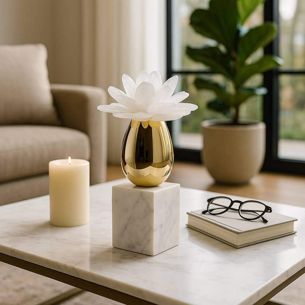 Sculpture - Gold/White Glass Flower On Marble Base, 9 in.