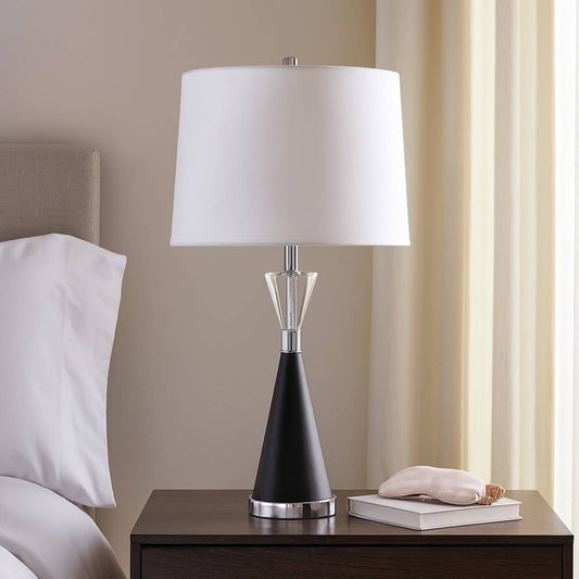 Table Lamp - Black Glass Metal Base with White Shade, 26 in.