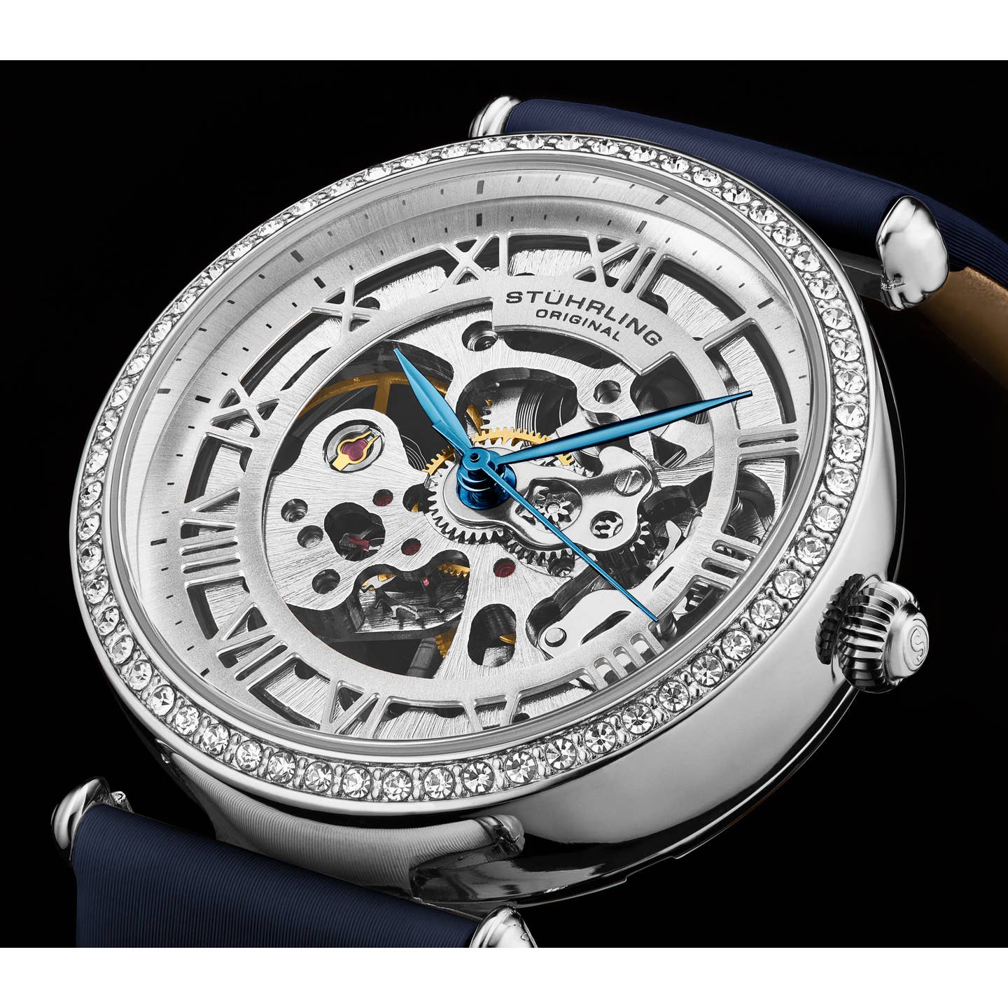 Stuhrling Original Luxe 4022 Women's Automatic Watch, 38mm, Navy Leather Strap, Skeleton Dial
