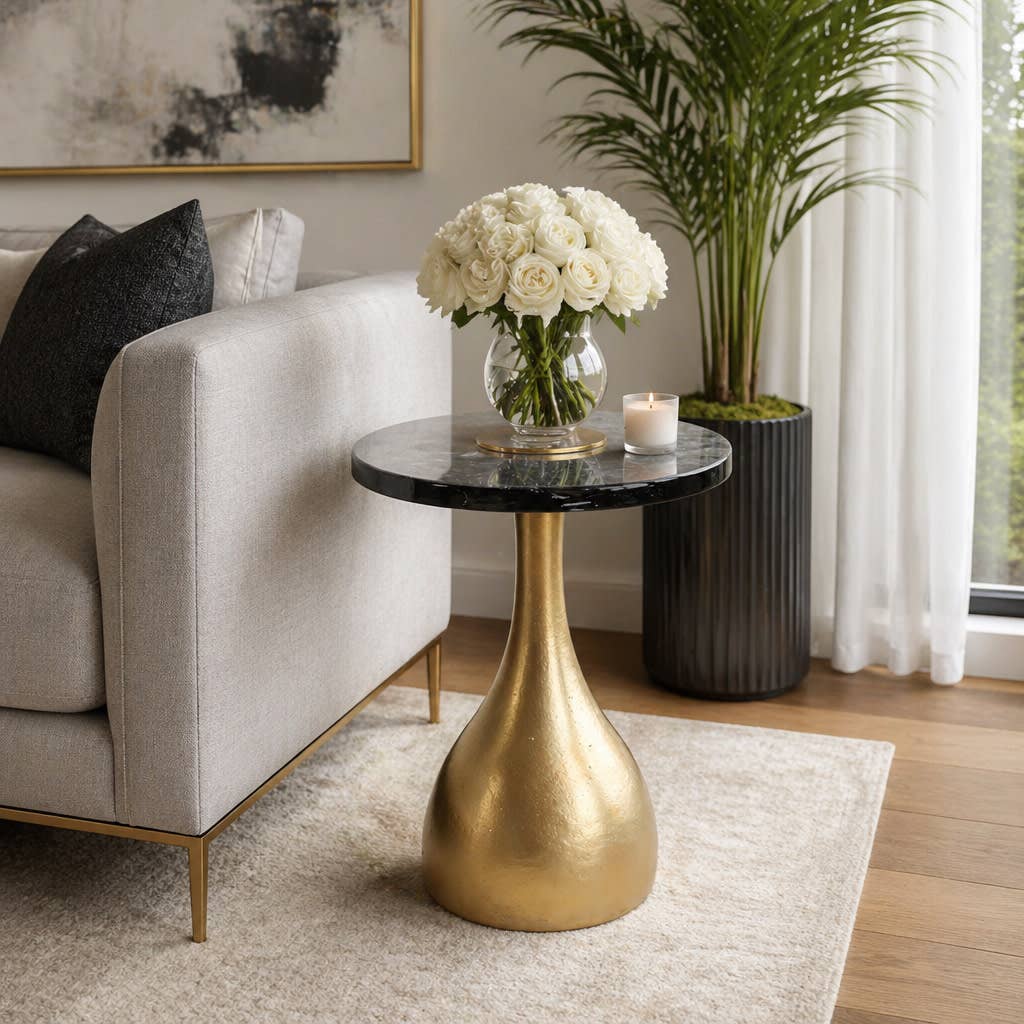 Side Table - Bronze Glass Top Metal Teardrop Base, 23 in.