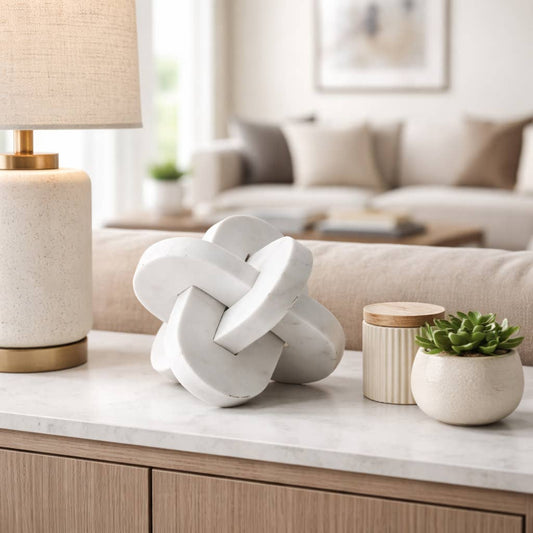 Sculpture - White Marble Interlocking Knot Design, 9 in.