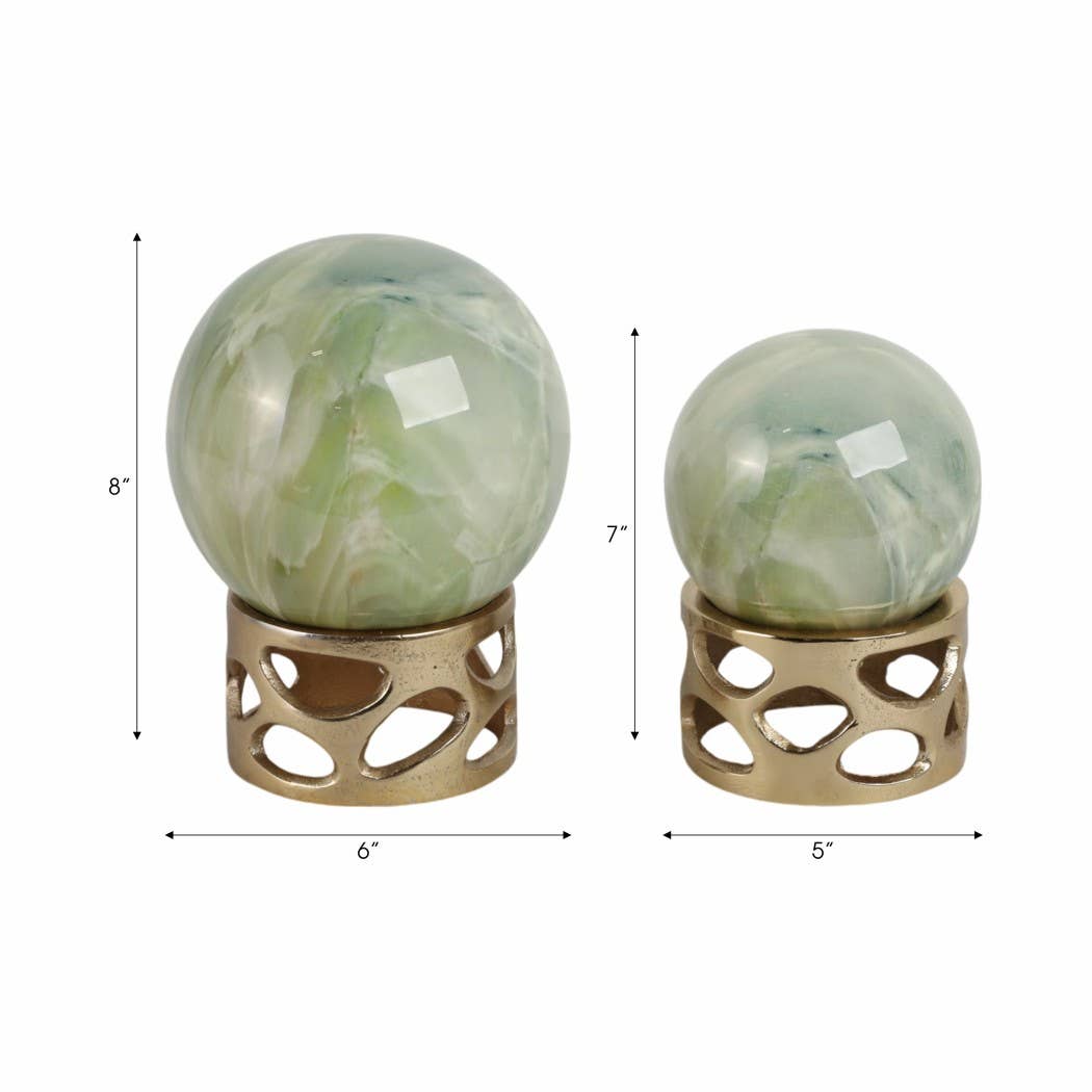 Decorative Object S/3 - Green Marble and Metal Orb, 7/8 in.