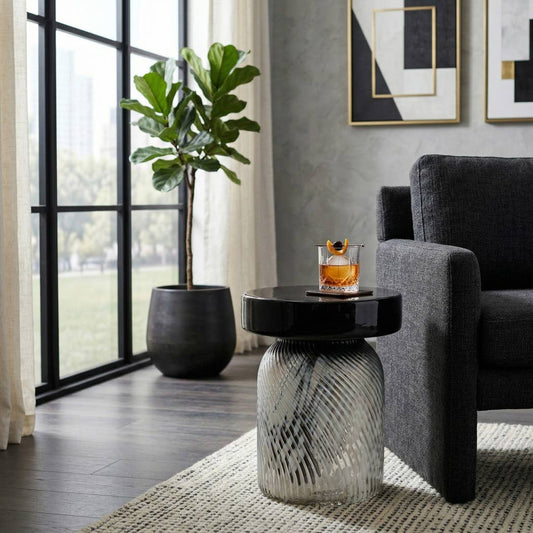Side Table - Black/White Glass Base with Bold Design, 20 in.