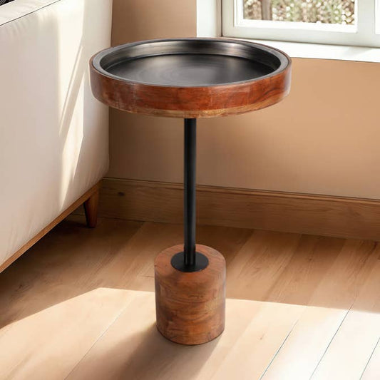Side Table - Brown Wood Short with Metal Top, 23 in.
