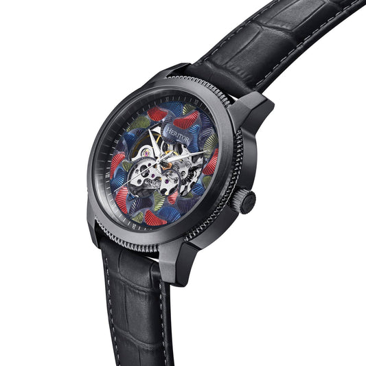 Heritor Emmanuel Men's Automatic Semi-Skeleton Leather Watch, Black/Black