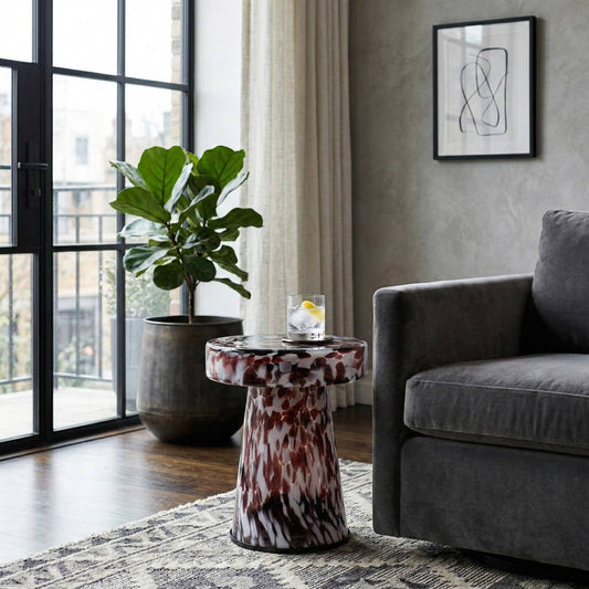 Side Table - Brown Glass Metal Artistic Pattern, 19 in.