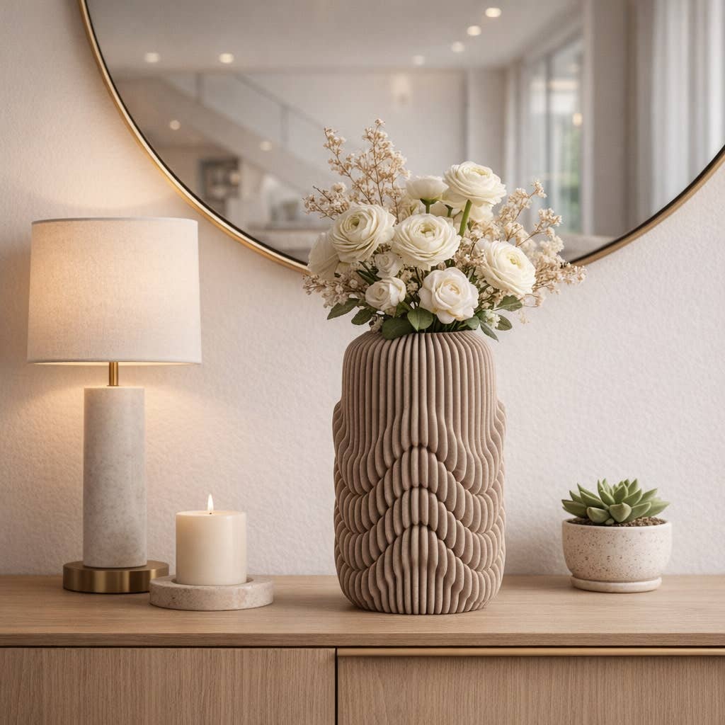 Decorative Vase - Brown Porcelain Ribbed 3D Printed, 15 in.