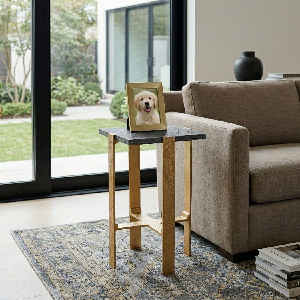 Side Table - Gold Glass Square Top with Metall Frame, 24 in.