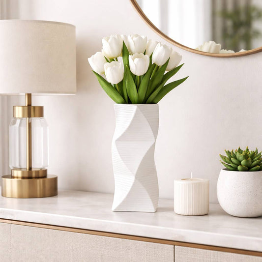 Decorative Vase - White Ceramic Wavy Textured, 12 in.