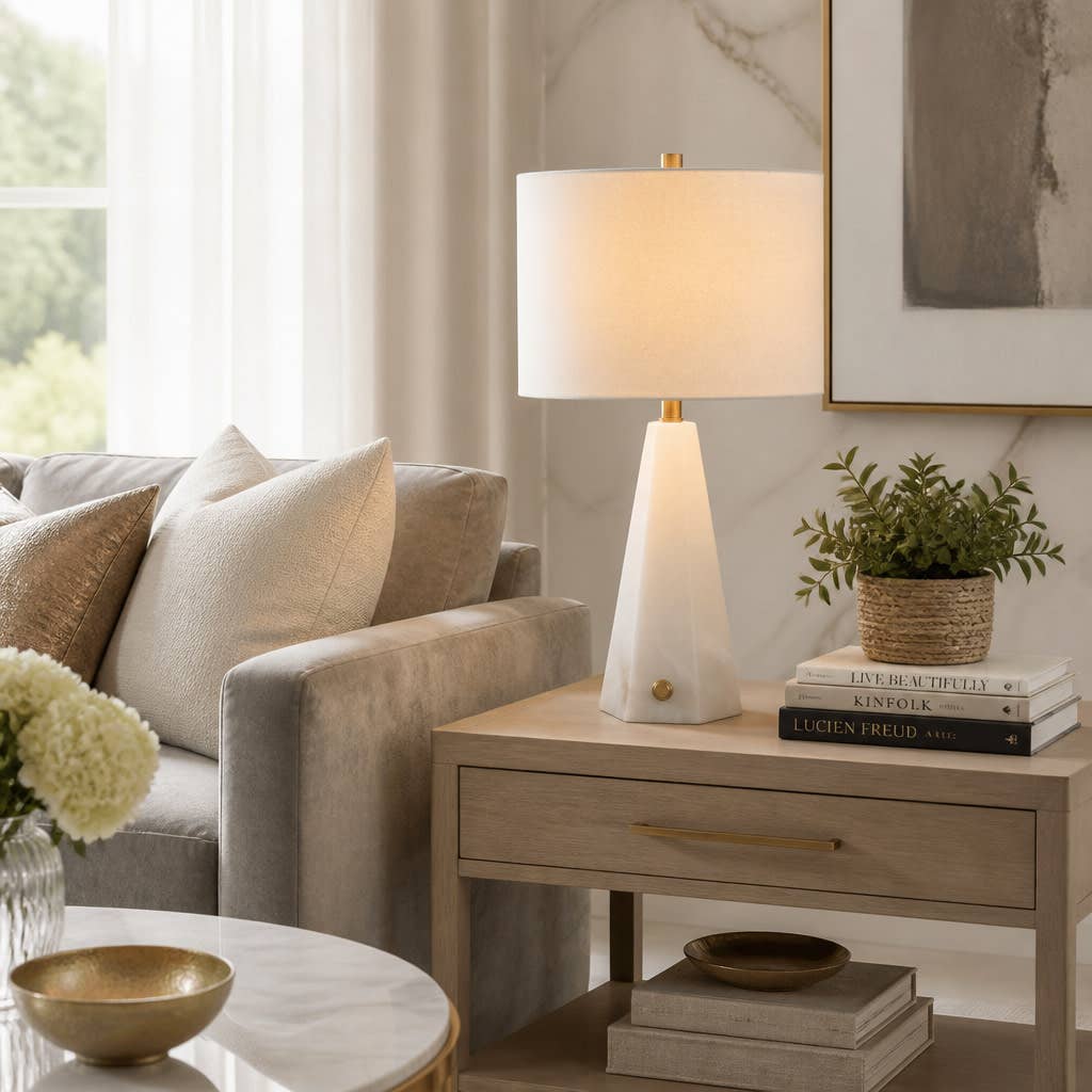 Table Lamp - White Stone Base with Geometric Design, 26 in.