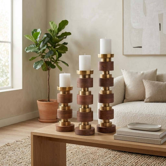 Candle Holder Set of 3 - Brown Wood Stacked, 13/17/22 in.