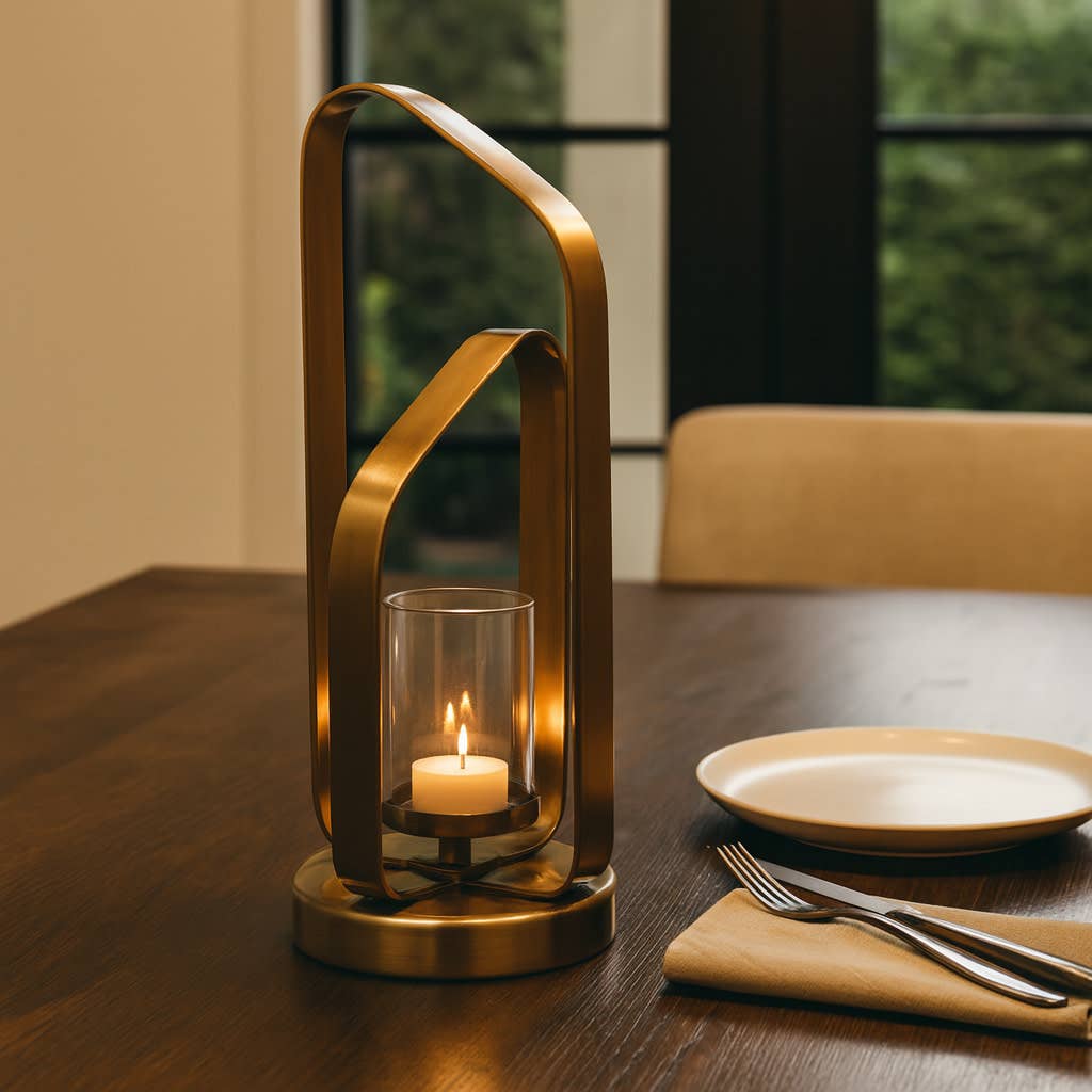 Candle Holder - Gold Metal Stylish Hurricane, 17 in.