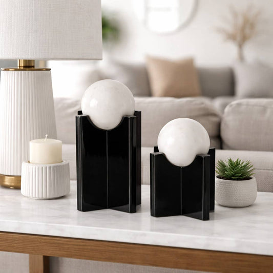Sculptures Set of 2 - Black Glass Marble Sphere, 8/12 in.