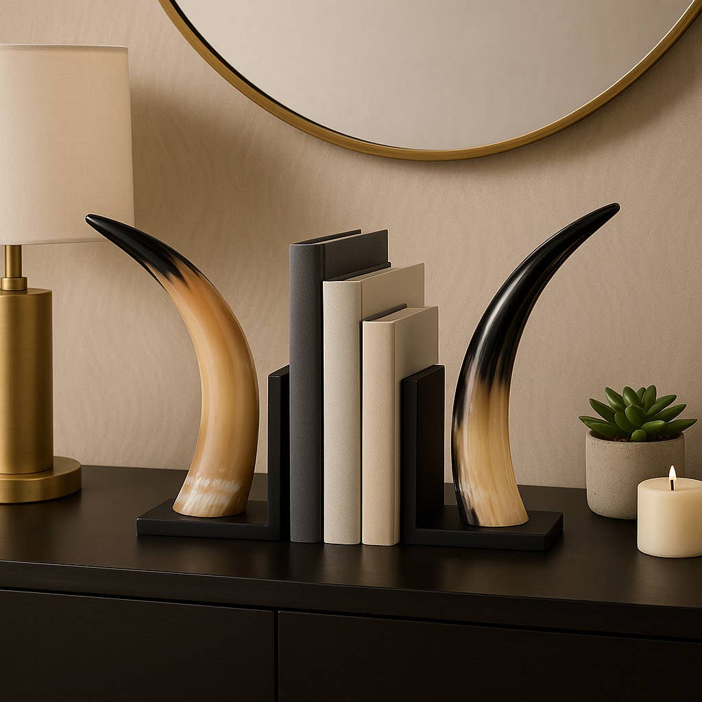 Bookends Set of 2 - Black Resin Stylish Horn, 14 in.