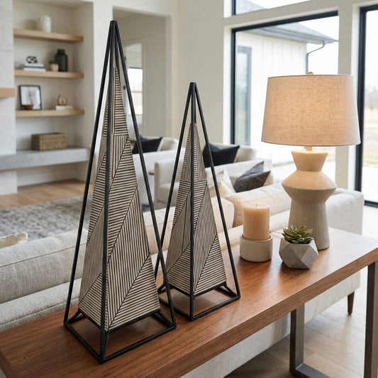 Sculptures Set of 2 - Black Resin Metal Pyramid, 21/26 in.