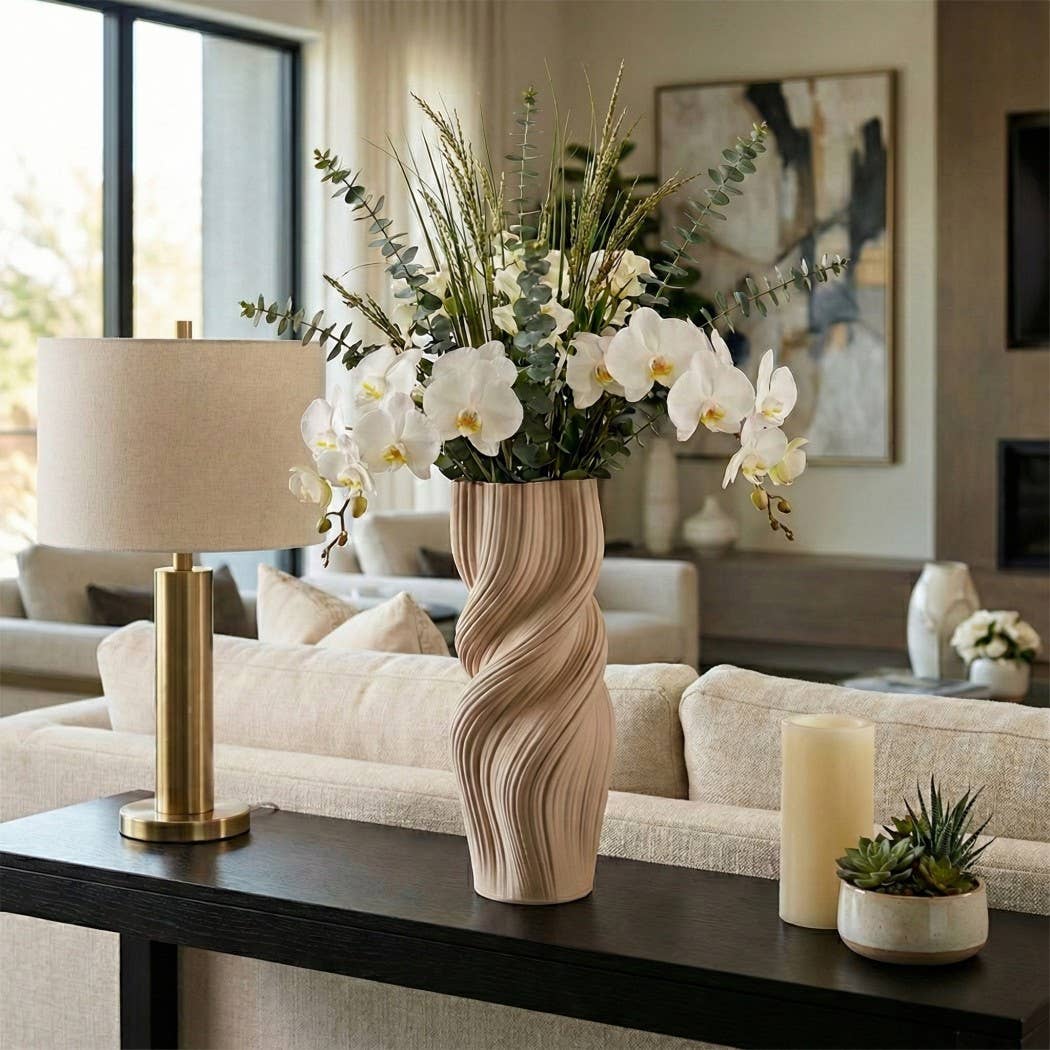 Decorative Vase - Tan Ceramic 3D Printed Twisted, 16 in.