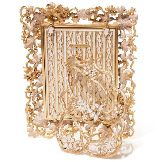 Jay Strongwater Ophelia 5" x 7" Enamel Gold-Finished Picture Frame, White Opal