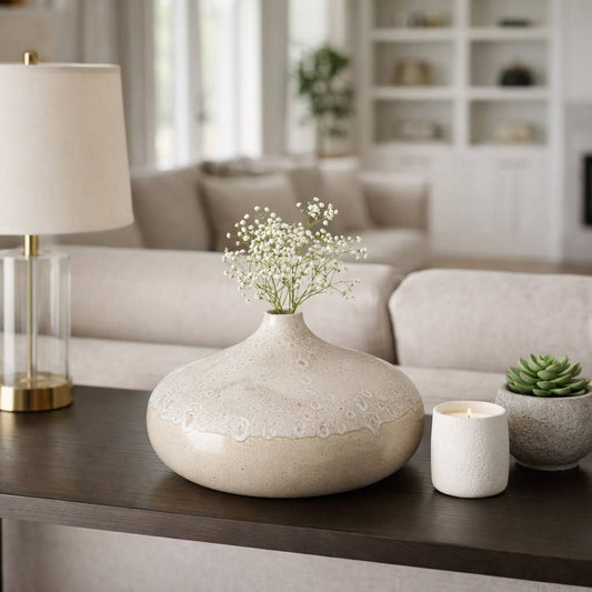 Decorative Vase - Cream Ceramic Round Glossy Textured, 8.5in