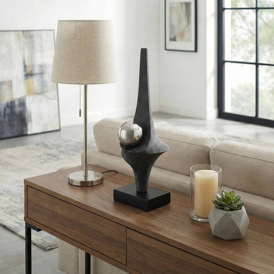Decorative Sculpture - Black Resin with Metal Sphere, 18 in.