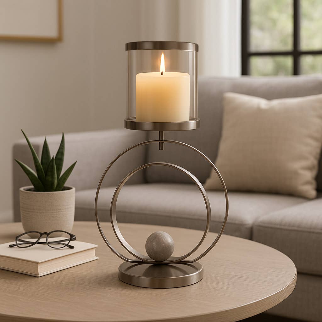 Candle Holder - Bronze Metal Small Sphere Hurricane, 26 in.