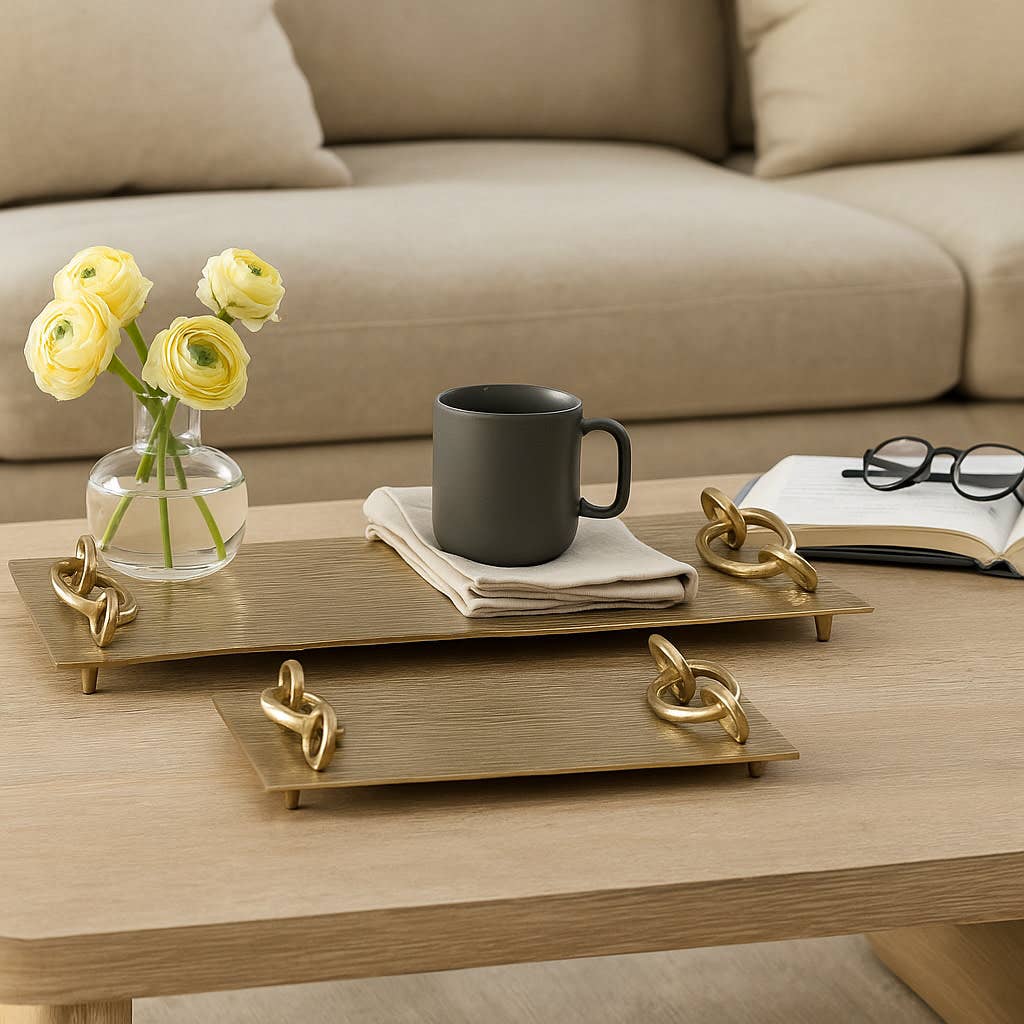 Decorative Tray Set of 2 - Gold Metal Link Handle, 21/14 in.