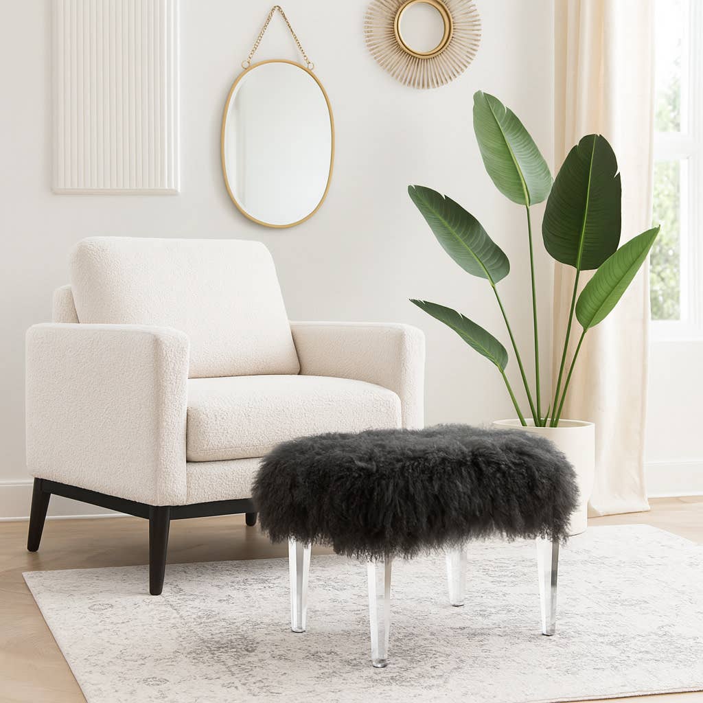 Bench - Black Acrylic Fur Upholstered Chic Accent, 26 in.