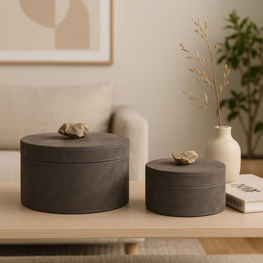 Boxes Set of 2 - Gray Wood Suede with Lid Knob, 6/8 in.