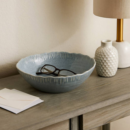 Decorative Bowl - Blue Ceramic Round Wavy Edge, 15 in.