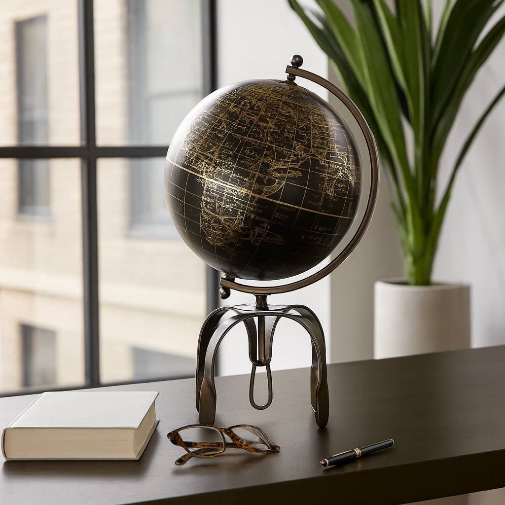 Decorative Object - Black Metal Unique Stand Globe, 22 in.
