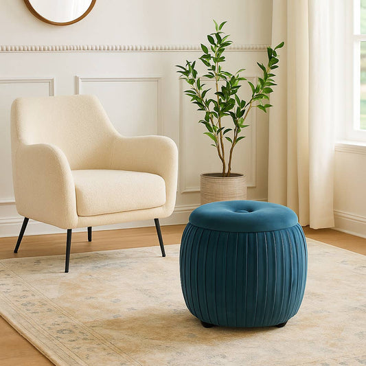 Storage Stool - Blue Wood Round with Cushioned Seat, 18 in.