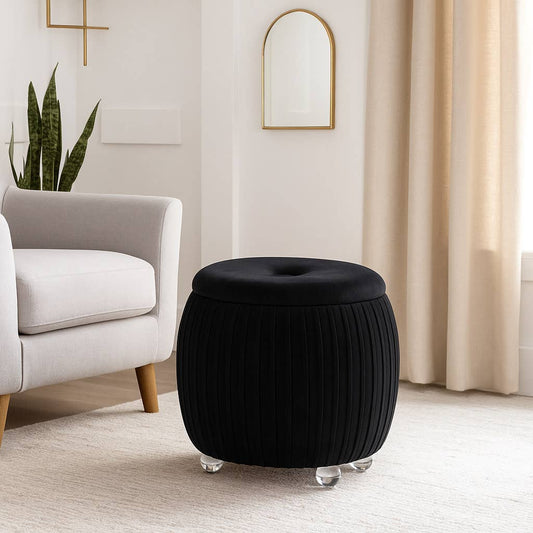 Storage Stool - Black Wood Round with Cushioned Seat, 18 in.