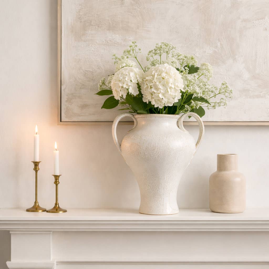 Decorative Vase - White Ceramic Curved Handles Urn, 21 in.