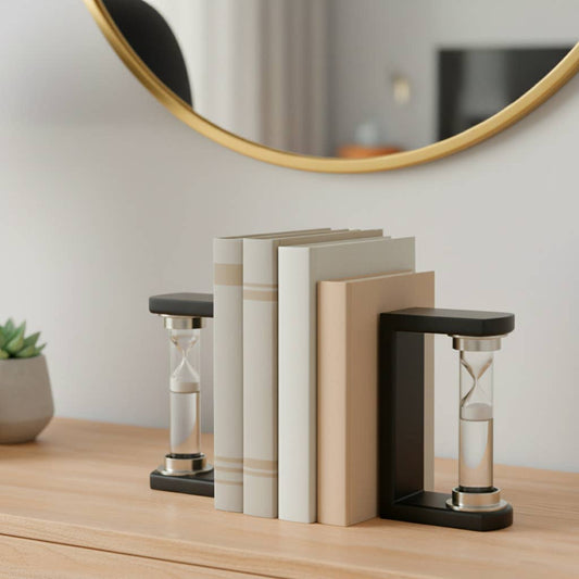 Bookends Set of 2 - Black Wood Hourglass Design, 8 in.