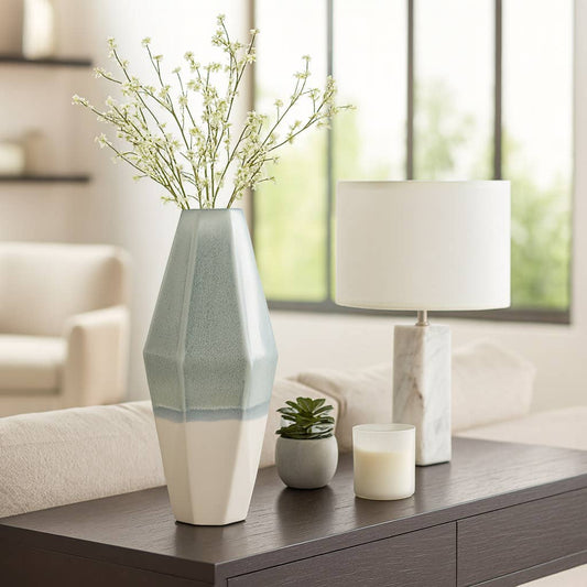Decorative Vase - Blue Ceramic Triple Tone Faceted, 22 in.