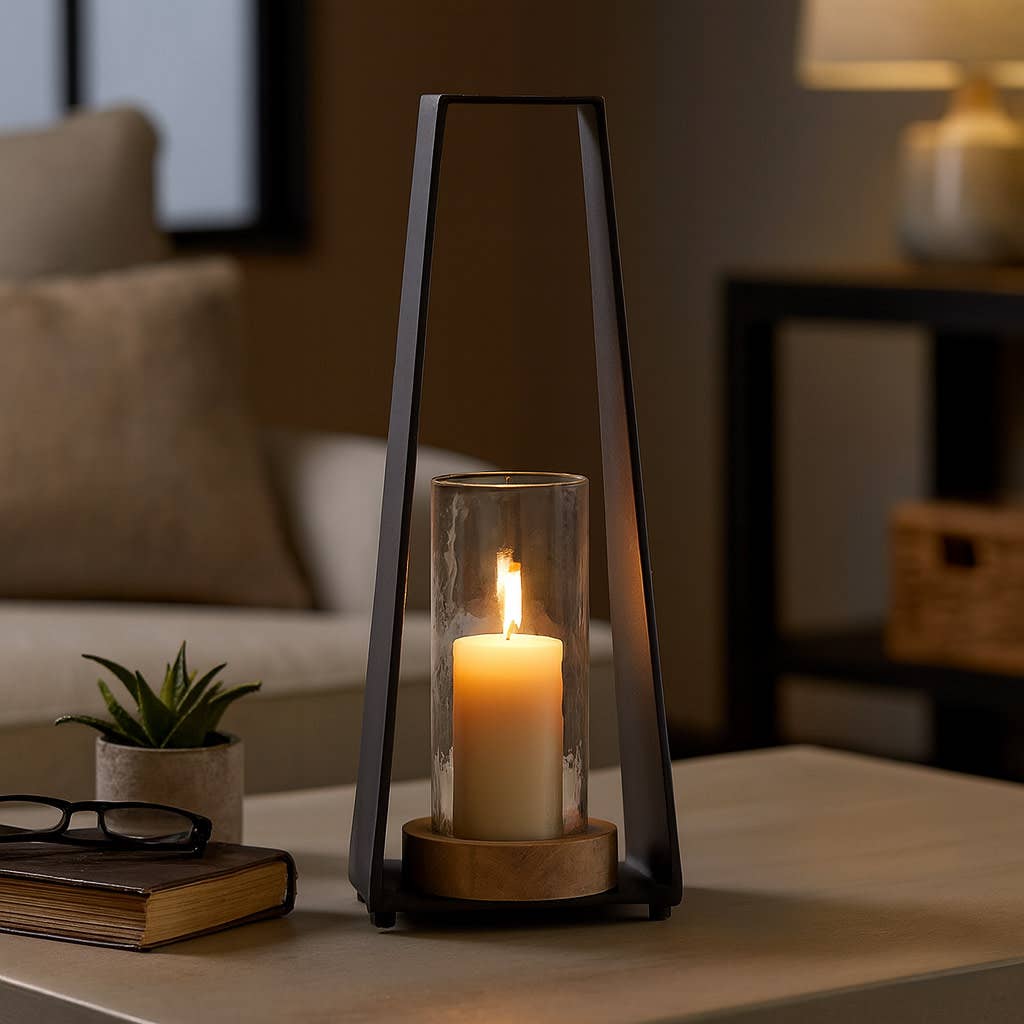 Candle Holder - Black Metal Glass Pillar Hurricane, 21 in.