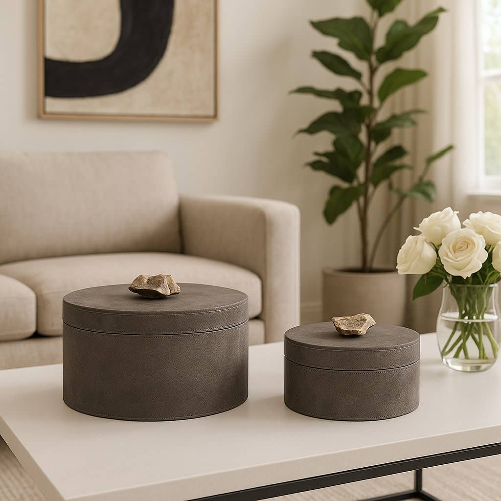 Boxes Set of 2 - Gray Wood Suede with Lid Knob, 6/8 in.