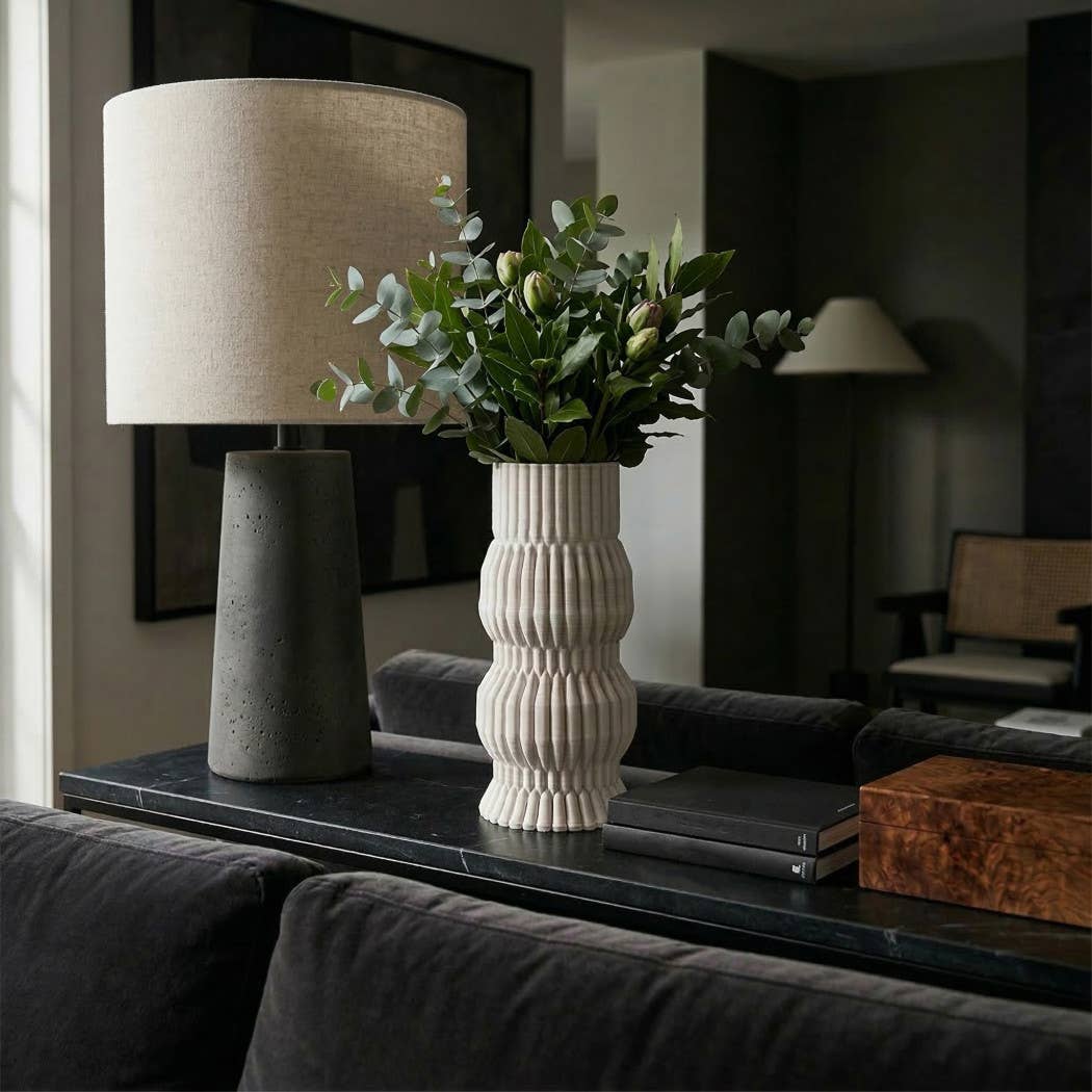 Decorative Vase - White Ceramic Ridged Textured Form, 11 in.